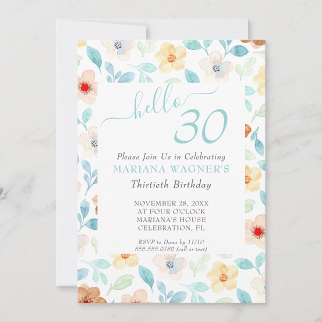 Invitation Fête des 30 ans en écriture élégante florale jaune (Devant)