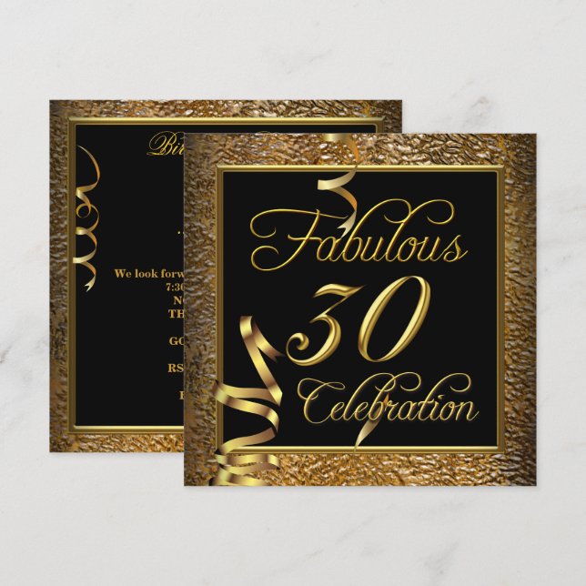 Invitation Fête des 30 ans fabuleuse Or et Noir (Devant / Derrière)