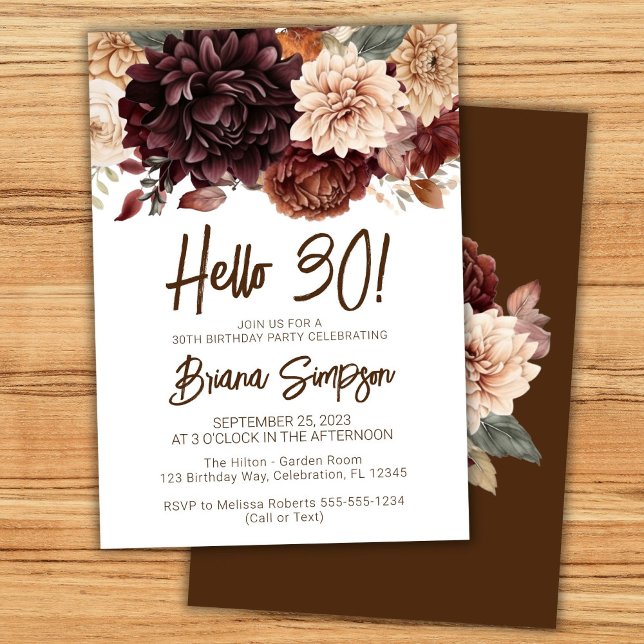 Invitation Fête des 30 ans Fleurs Marron Beige (Créateur téléchargé)