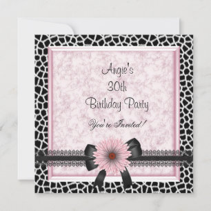 Invitation Fête des 30 ans Girafe noire noeud floral rose