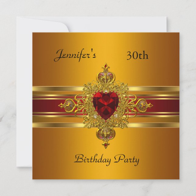 Invitation Fête des 30 ans Jaune Or Rouge Joyau (Devant)
