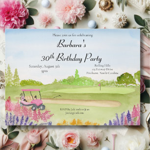 Invitation Fête des 30 ans - voiturette de golf rose sur un t