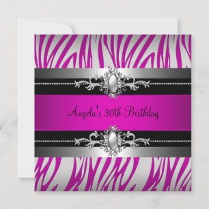 Invitation Fête des 30 ans Zèbre Rose Fushia Argent Noir