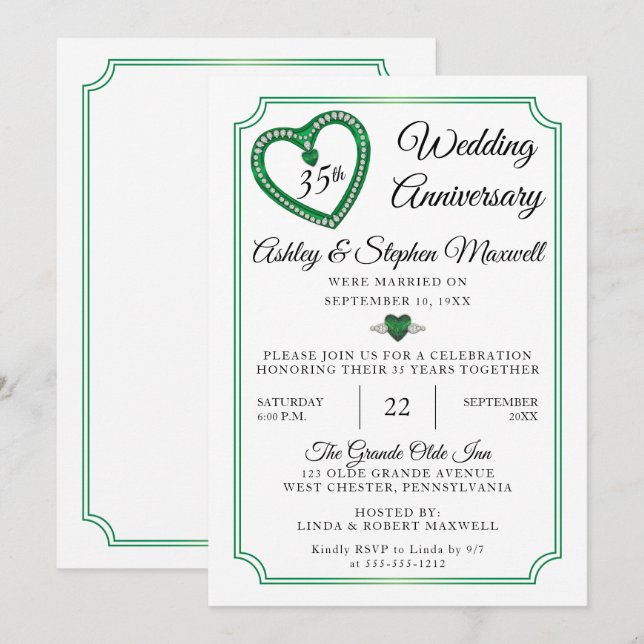 Invitation Fête des 35 ans de mariage Emeralds Diamonds (Devant / Derrière)