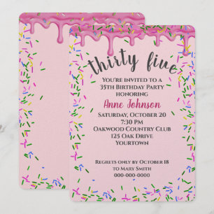 Invitation Fête des 35 ans glaçage rose et paillettes