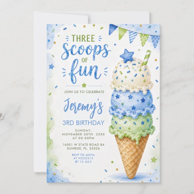 Invitation Fête des 3 ans Blue & Green Trois Boules de Fun (Devant)