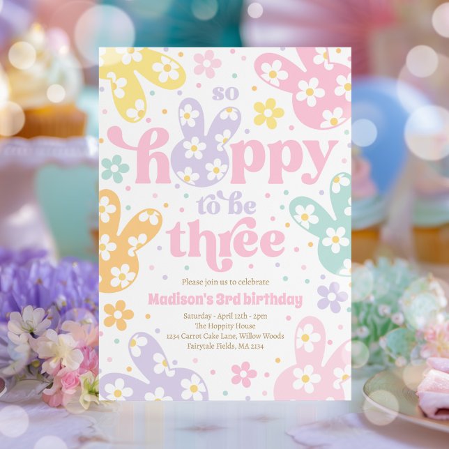 Invitation Fête des 3 ans de Bunny Daisy Floral Pastel Printe (Créateur téléchargé)