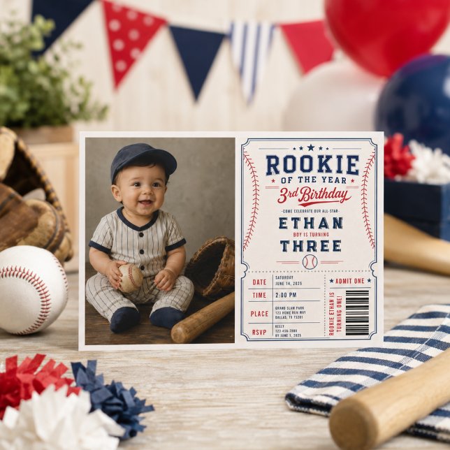 Invitation Fête des 3 ans Rookie of the Year Baseball  (Rookie of the Year Baseball 3rd Birthday Party Invitation
)
