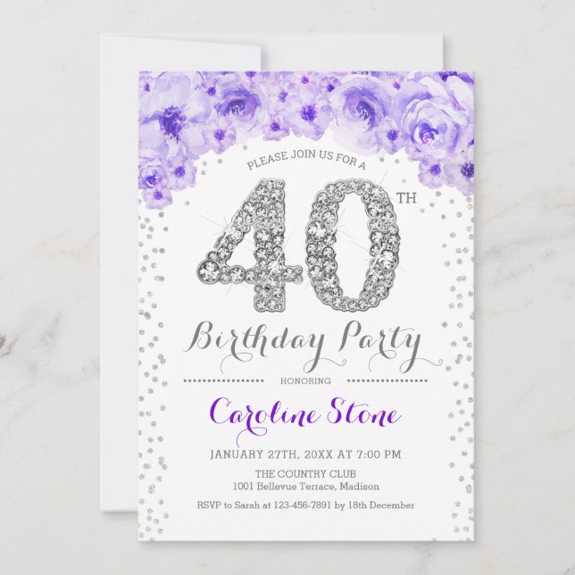 Invitation Fête des 40 ans - Blanc Argent Violet (Devant)