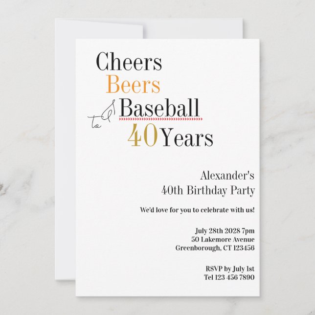 Invitation Fête des 40 ans de Baseball Cheers Beers 40 ans (Devant)