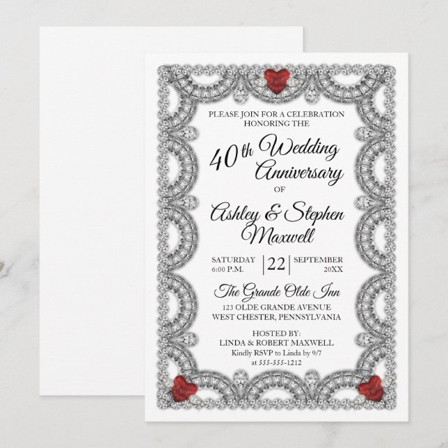 Invitation Fête des 40 ans de mariage de Ruby et Diamond (Devant / Derrière)