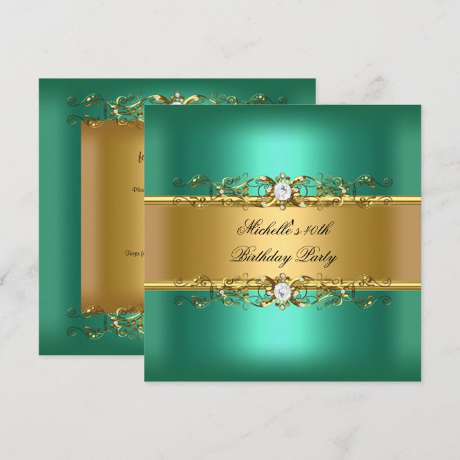 Invitation Fête des 40 ans de naissance Jade Vert Or Diamant  (Devant / Derrière)