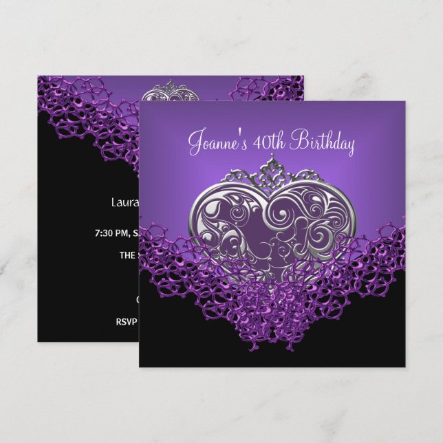 Invitation Fête des 40 ans Dentelle Noir Argent Violet Foncé  (Devant / Derrière)