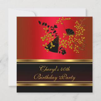 Invitation Fête des 40 ans Fleurs Rouge Noir Or motif