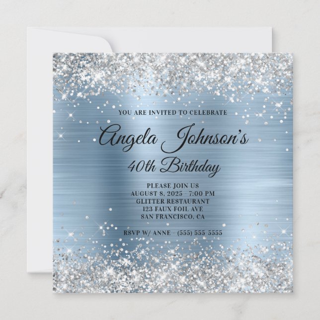 Invitation Fête des 40 ans Paillettes Argentées Bleu Clair (Devant)
