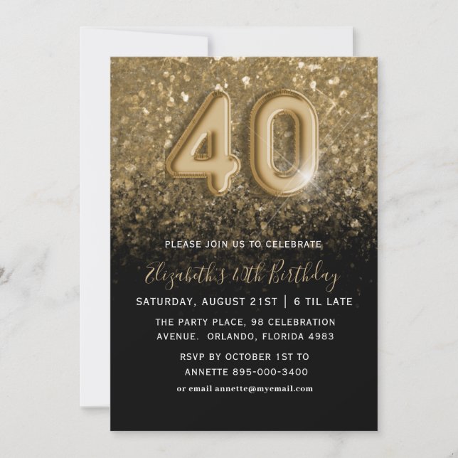 Invitation Fête des 40 ans paillettes dorées et noires (Devant)