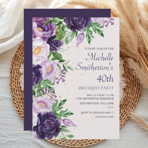 Invitation Fête des 40 ans Paillettes Floral Violet