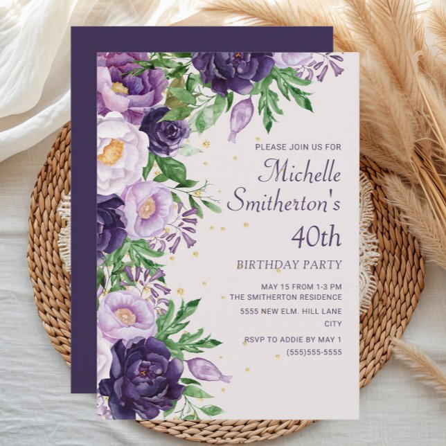 Invitation Fête des 40 ans Paillettes Floral Violet (Purple watercolor floral women's 40th birthday party invitation)