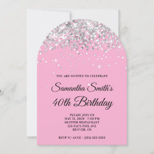 Invitation Fête des 40 ans Photo Rose Clair Paillettes Argent