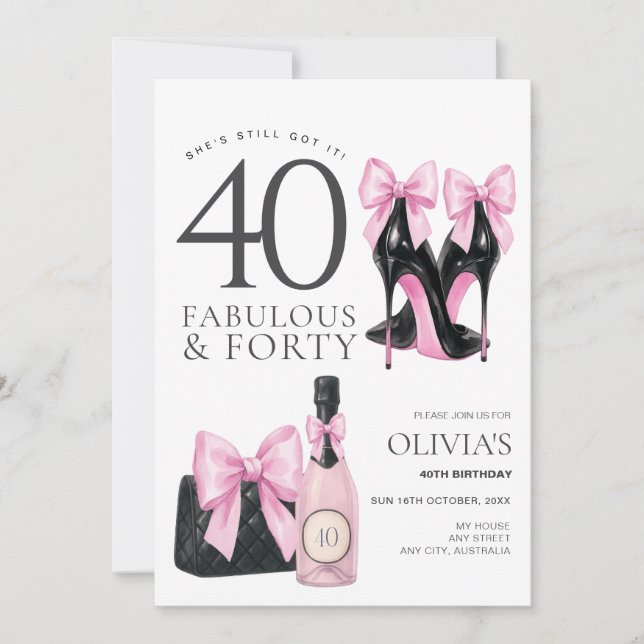 Invitation Fête des 40 ans pour femmes, Fabuleuse et Quarante (Devant)