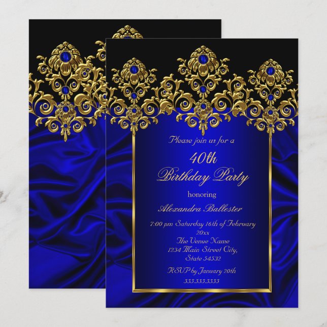 Invitation Fête des 40 ans Soie Bleu Royal Gems Or (Devant / Derrière)
