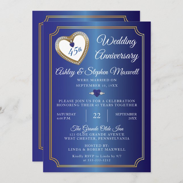 Invitation Fête des 45 ans de mariage Sapphires Diamonds (Devant / Derrière)