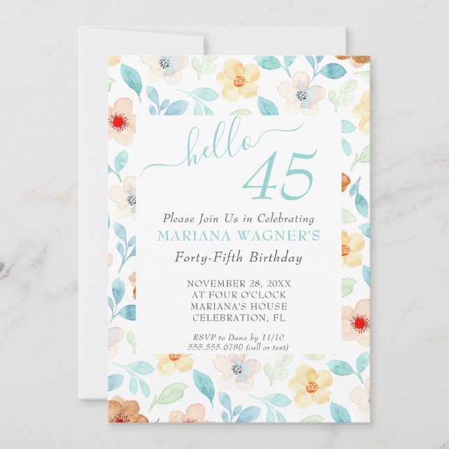 Invitation Fête des 45 ans en écriture élégante florale jaune (Devant)
