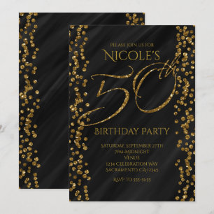 Invitation Fête des 50 ans Black & Faux Gold Glitter Glam 50