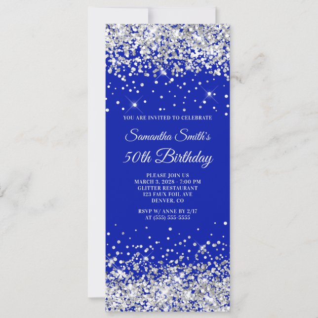 Invitation Fête des 50 ans Bleu Royal Pailleté Argent (Devant)