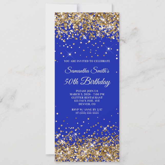 Invitation Fête des 50 ans Bleu Royal Pailleté Or (Devant)