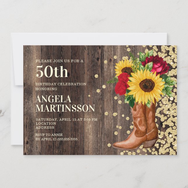 Invitation Fête des 50 ans Bottes rustiques Tournesols Roses  (Devant)