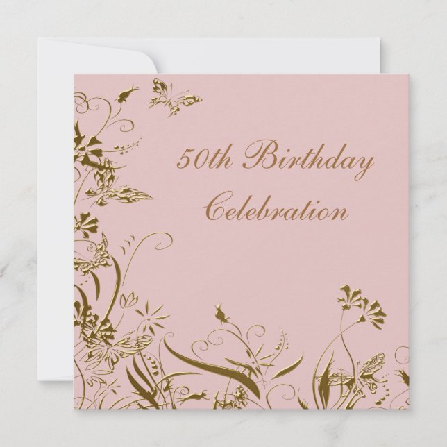Invitation Fête des 50 ans de femme papillon rose or (Devant)