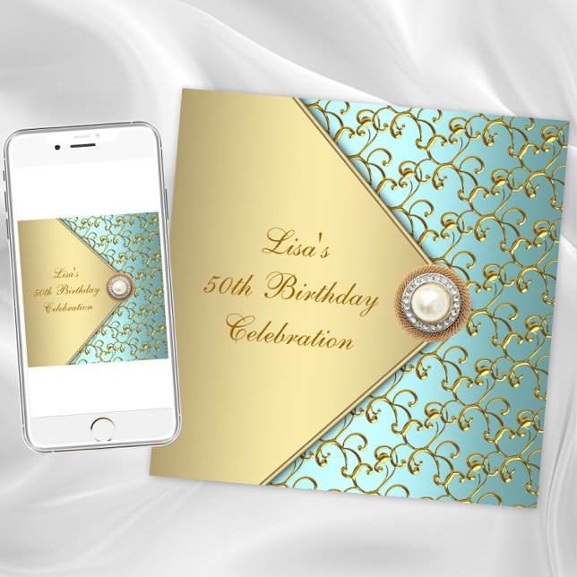 Invitation Fête des 50 ans de la femme perle or sarcelle (Teal gold jewel any occasion invitation. Instant download and printed invitations available.)