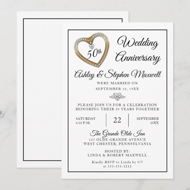 Invitation Fête des 50 ans de mariage Heart Diamonds (Devant / Derrière)