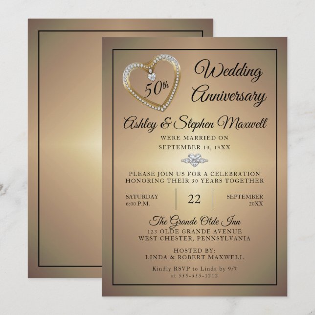 Invitation Fête des 50 ans de mariage Heart Diamonds (Devant / Derrière)
