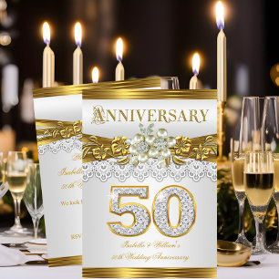 Invitation Fête des 50 ans de mariage perle blanche or
