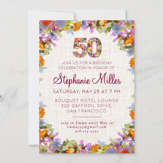 Invitation Fête des 50 ans – Design élégant à fleurs sur lin (Devant)