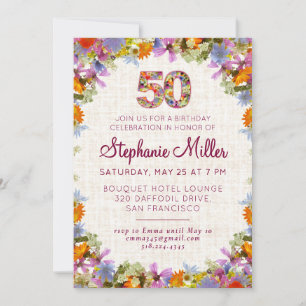 Invitation Fête des 50 ans – Design élégant à fleurs sur lin