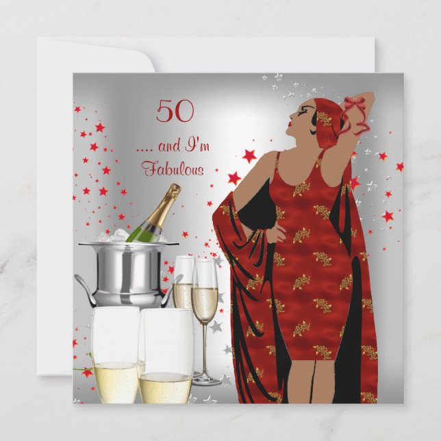 Invitation Fête des 50 ans Diva Rétro Art Déco Rouge Argent (Devant)