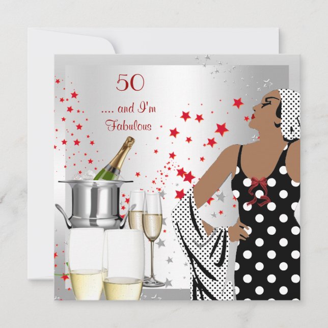 Invitation Fête des 50 ans Diva Rétro Art Déco Rouge Argent (Devant)
