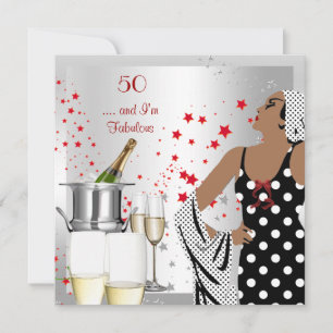 Invitation Fête des 50 ans Diva Rétro Art Déco Rouge Argent
