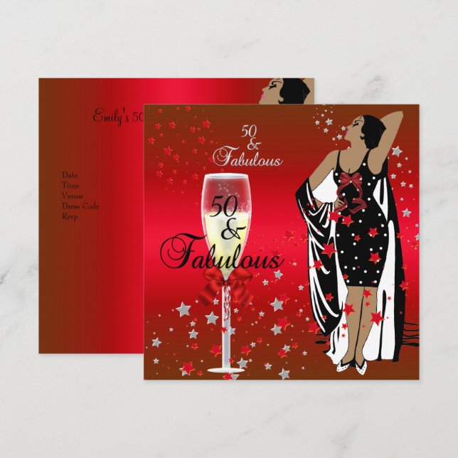 Invitation Fête des 50 ans Diva Rétro Art déco Rouge Noir (Devant / Derrière)