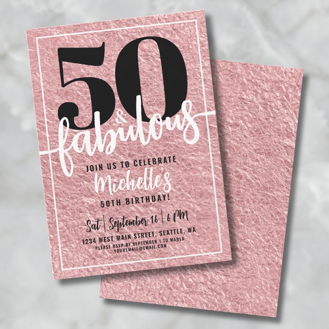 Invitation Fête des 50 ans d'une femme Rose Gold (Rose Gold Fifty Fabulous 50th Birthday Party Invitation)
