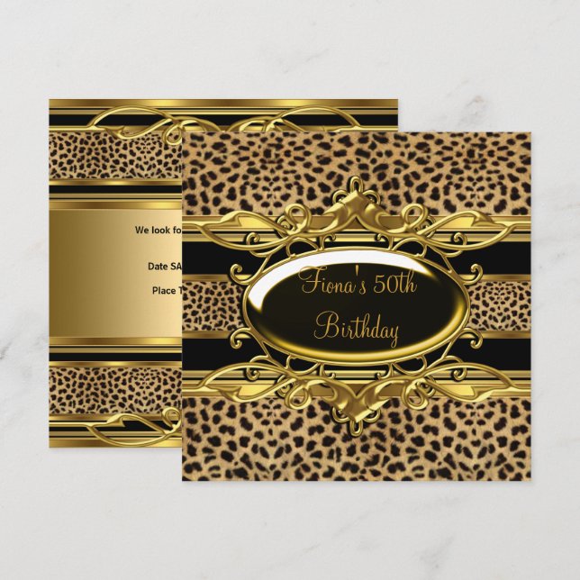 Invitation Fête des 50 ans élégante Classy Gold Black Léopard (Devant / Derrière)