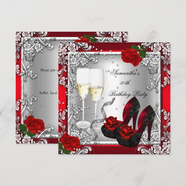 Invitation Fête des 50 ans élégante Rose rouge Argent (Devant / Derrière)