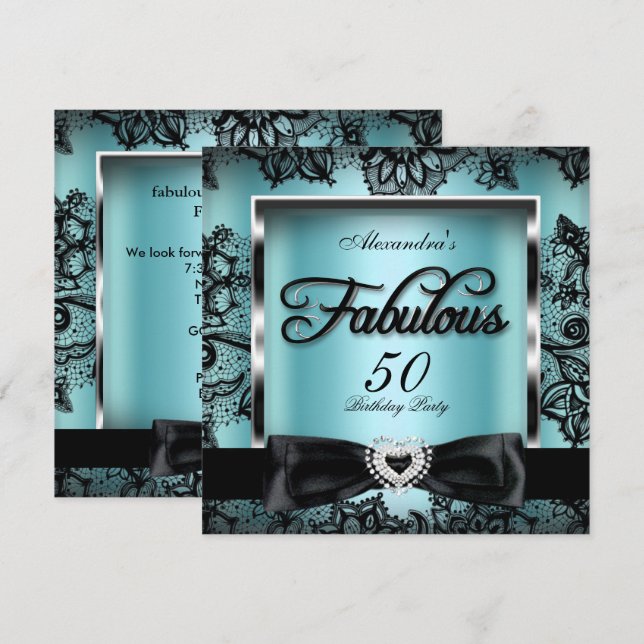 Invitation Fête des 50 ans Fabuleuse Damassé Bleu sarcelle Br (Devant / Derrière)