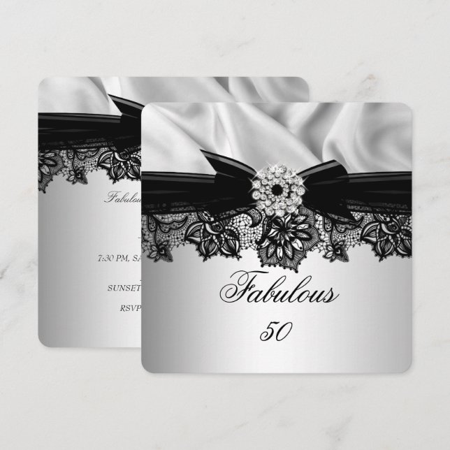 Invitation Fête des 50 ans Fabuleuse Élégant Soie Noir Argent (Devant / Derrière)