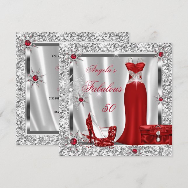 Invitation Fête des 50 ans Fabuleuse Flocons de neige Rouge A (Devant / Derrière)