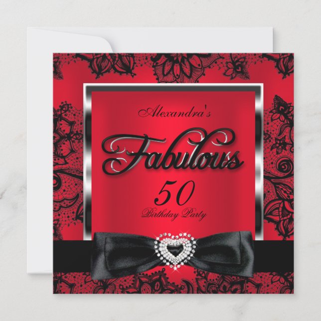 Invitation Fête des 50 ans Fabuleuse Rouge Damassé Broderie N (Devant)