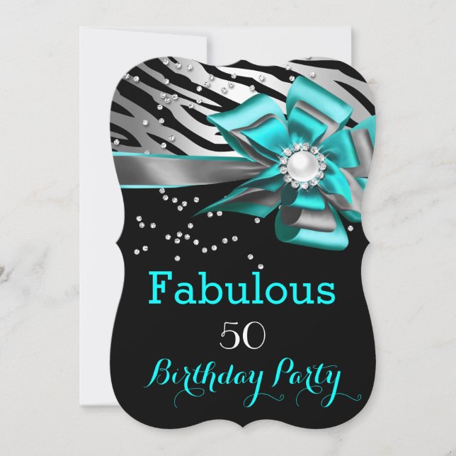 Invitation Fête des 50 ans Fabuleuse Zèbre Turquoise Perle No (Devant)